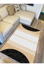 Cotton Serisi Hasır Görünümlü Siyah Beyaz Modern Desen Dekoratif Dokuma Taban Kilim
