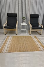 Cotton Serisi Kahve Taban Üstü Beyaz Çizgili Hasır Görünümlü Desen, Dekoratif Dokuma Taban Kilim