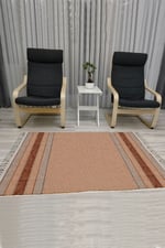 Cotton Serisi Kahve Tonlarında Eskitme Etnik Bördür Desenli Dekoratif Dokuma Taban Kilim
