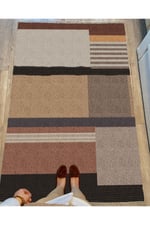 Cotton Serisi Kahve Tonlarında Geometrik Tüylü Görünümlü Modern Desen Dekoratif Dokuma Taban Kilim