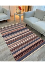 Cotton Serisi Kahve Tonlarında Zikzaklı Eskitme Otantik Etnik Desen Dekoratif Dokuma Taban Kilim