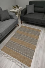 Cotton Serisi Kahve Ve Gri Tonlarında Çizgili Eskitme Desenli Dekoratif Dokuma Taban Kilim