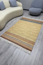 Cotton Serisi Kahve Ve Gri Tonlarında Bordürlü Eskitme Desenli Dekoratif Dokuma Taban Kilim