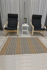 Cotton Serisi Kahve Ve Gri Tonlarında Çizgili Eskitme Desenli Dekoratif Dokuma Taban Kilim