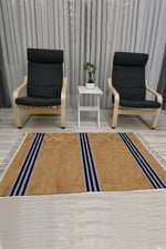 Cotton Serisi Kahverengi Taban Üzerinde Gri Ve Lacivert Ince Bordürlü Dekoratif Dokuma Taban Kilim