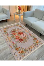 Cotton Serisi Kırmızı Çiçekli Bordürlü Gri Taban Otantik Dekoratif Dokuma Taban Kilim