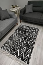 Cotton Serisi Koyu Gri Zikzak Eskitme Desenli Dekoratif Dokuma Taban Kilim