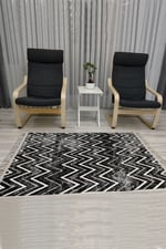 Cotton Serisi Koyu Gri Zikzak Eskitme Desenli Dekoratif Dokuma Taban Kilim