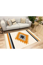 Cotton Serisi Krem Tonlarında Eskitm Desen Dekoratif Dokuma Taban Kilim