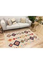Cotton Serisi Krem Tonunda Bordürlü Desen Dekoratif Dokuma Taban Kilim