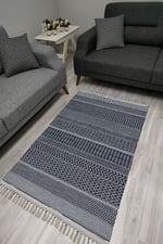 Cotton Serisi Lacivet Taban Üstünde Beyaz Geometrik Otantik Dekoratif Dokuma Taban Kilim