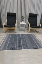 Cotton Serisi Lacivet Taban Üstünde Beyaz Geometrik Otantik Dekoratif Dokuma Taban Kilim