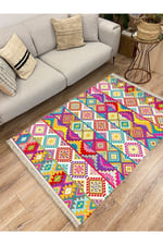 Cotton Serisi Multy Tonlarında Baklavalı Desen Dekoratif Dokuma Taban Kilim