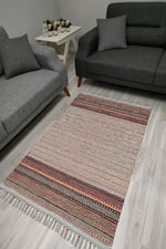 Cotton Serisi Multy Tonlarında Bordürlü Ve Ponpon Eskitme Desenli Dekoratif Dokuma Taban Kilim