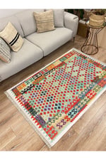 Cotton Serisi Multy Tonlarında Bordürlü Eskitme Desenli Dekoratif Dokuma Taban Kilim