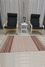 Cotton Serisi Multy Tonlarında Bordürlü Ve Ponpon Eskitme Desenli Dekoratif Dokuma Taban Kilim