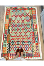 Cotton Serisi Multy Tonlarında Bordürlü Eskitme Desenli Dekoratif Dokuma Taban Kilim