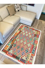 Cotton Serisi Multy Tonlarında Bordürlü Eskitme Desenli Dekoratif Dokuma Taban Kilim