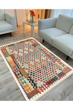 Cotton Serisi Multy Tonlarında Bordürlü Eskitme Desenli Dekoratif Dokuma Taban Kilim