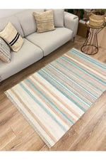 Cotton Serisi Multy Tonlarında Düz Çıtır Çizgili Eskitme Desen Dekoratif Dokuma Taban Kilim