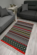 Cotton Serisi Multy Tonlarında Eskitme Etnik Geometrik Otantik Desenli Dekoratif Dokuma Taban Kilim