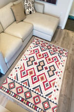 Cotton Serisi Multy Tonlarında Geometrik Hasır Görünümlü Otantik Dekoratif Dokuma Taban Kilim