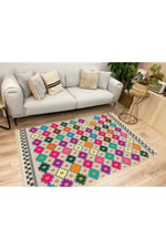 Cotton Serisi Multy Tonlarında Geometrik Baklava Desen Dekoratif Dokuma Taban Kilim