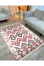 Cotton Serisi Multy Tonlarında Geometrik Hasır Görünümlü Otantik Dekoratif Dokuma Taban Kilim