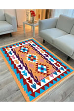 Cotton Serisi Multy Tonlarında Otantik Eskitme Geometrik Desen Dekoratif Dokuma Taban Kilim