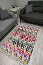Cotton Serisi Multy Tonlarında Zikzak Eskitme Desenli Dekoratif Dokuma Taban Kilim
