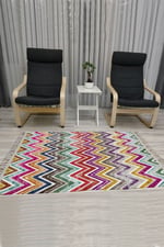 Cotton Serisi Multy Tonlarında Zikzak Eskitme Desenli Dekoratif Dokuma Taban Kilim