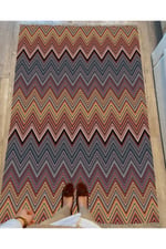 Cotton Serisi Multy Tonlarında Zikzak Eskitme Modern Desen Dekoratif Dokuma Taban Kilim