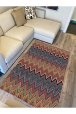 Cotton Serisi Multy Tonlarında Zikzak Eskitme Modern Desen Dekoratif Dokuma Taban Kilim