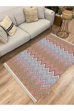 Cotton Serisi Multy Tonlarında Zikzak Eskitme Desenli Dekoratif Dokuma Taban Kilim