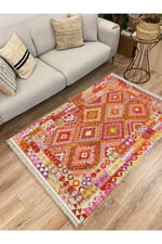 Cotton Serisi Pembe Tonunda Baklavalı Geometrik Desen Dekoratif Dokuma Taban Kilim