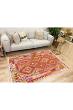 Cotton Serisi Pembe Tonunda Baklavalı Geometrik Desen Dekoratif Dokuma Taban Kilim