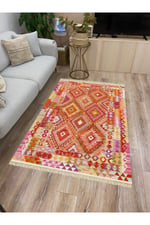 Cotton Serisi Pembe Tonunda Baklavalı Geometrik Desen Dekoratif Dokuma Taban Kilim