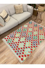 Cotton Serisi Renkli Geometrik Baklava Desenli Dekoratif Dokuma Taban Kilim