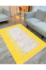 Cotton Serisi Sarı Rengi Ortası Su Yolu Eskitme Modern Desen Dekoratif Dokuma Taban Kilim