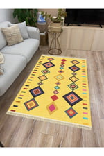 Cotton Serisi Sarı Tonunda Bordürlü Desen Dekoratif Dokuma Taban Kilim