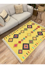 Cotton Serisi Sarı Tonunda Bordürlü Desen Dekoratif Dokuma Taban Kilim