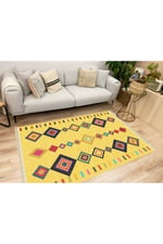 Cotton Serisi Sarı Tonunda Bordürlü Desen Dekoratif Dokuma Taban Kilim