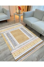 Cotton Serisi Sarı Yunan Motifli Eskitme Antik Otantik Desen Dekoratif Dokuma Taban Kilim