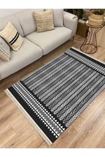 Cotton Serisi Siyah Beyaz Geometrik Etnik Eskitme Desenli Dekoratif Dokuma Taban Kilim