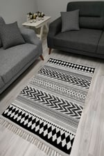 Cotton Serisi Siyah Beyaz Iskandinav Eskitme Desenli Dekoratif Dokuma Taban Kilim