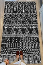 Cotton Serisi Siyah Beyaz Iskandinav Otantik Desen Dekoratif Dokuma Taban Kilim