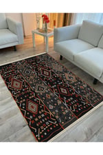 Cotton Serisi Siyah Gri Orta Çağ Motifli Otantik Eskitme Desenli Dekoratif Dokuma Taban Kilim