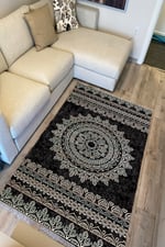 Cotton Serisi Siyah Krem Antika Eskitme Desen Dekoratif Dokuma Taban Kilim