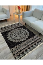 Cotton Serisi Siyah Krem Antika Eskitme Desen Dekoratif Dokuma Taban Kilim
