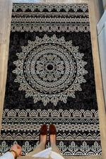 Cotton Serisi Siyah Krem Antika Eskitme Desen Dekoratif Dokuma Taban Kilim